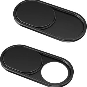Webcam cover slide in black aluminium fitted above a laptop screen camera lens