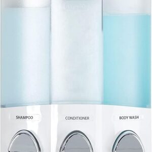 3 chamber shower dispenser wall mounted in white holding shampoo, conditioner and body wash