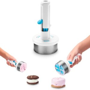 Ice cream sandwich scoop in white nylon shaping a round disc of ice cream between two cookies