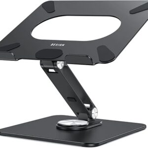 Swivel laptop stand in black brushed aluminium holding a laptop above a desk