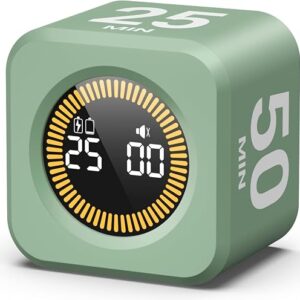 Pomodoro cube timer in green showing the LED ring and the 25 minute face
