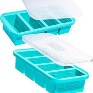 Silicone freezer tray in aqua with four one-cup wells and a fitted lid for soup portions