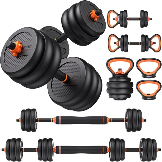 Home gym essentials — adjustable dumbbells, grips and a timer for training in a small room