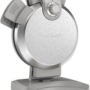 Vertical waffle maker in brushed stainless steel standing upright on a kitchen counter