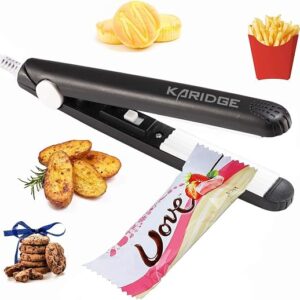 Mini bag sealer handheld heat sealer in black resealing a foil snack bag