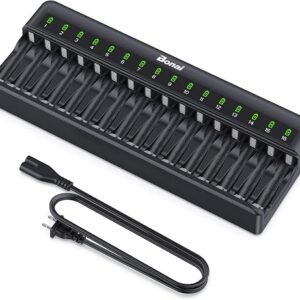 16 bay battery charger in black with AA and AAA rechargeable cells in independent slots