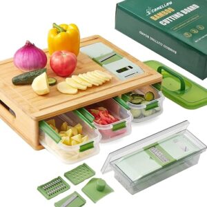 Bamboo cutting board with stackable containers and four grater surfaces on a kitchen worktop