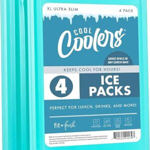 Slim ice packs in green, four flat freezer packs stacked beside an open lunch bag