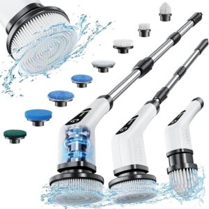 Leebein electric spin scrubber with eight replaceable brush heads and extension pole