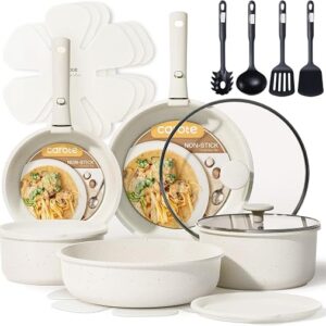 CAROTE cookware set with detachable handles in cream white, 19 pieces stacked