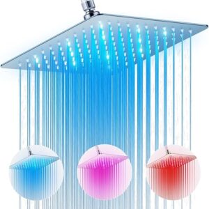 LED rain shower head in chrome with a ten inch square face lit blue by the temperature light