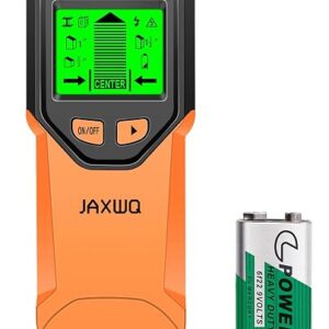 Stud finder tool with an LCD display held against a painted plasterboard wall