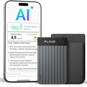 AI voice recorder the size of a credit card lying on a desk beside a notebook