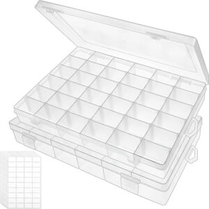 Bead organizer box in clear plastic with 36 grid compartments holding beads and small hardware