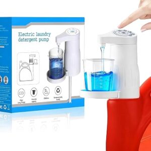 Laundry detergent dispenser in white, the OMOZUN electric pump fitted to a detergent bottle