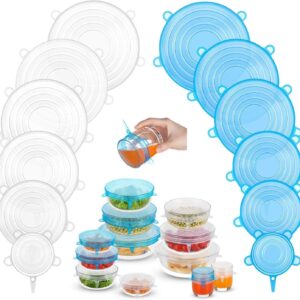 Silicone stretch lids in blue and white stretched over bowls, jars and a cut melon