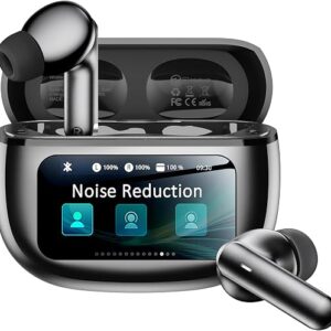 Budget wireless earbuds in a charging case with a smart touchscreen display
