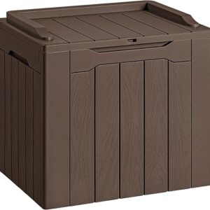 Resin deck box on a patio holding cushions with the lid open