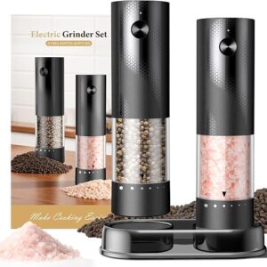 Electric salt and pepper grinder set in black, two Gaivis rechargeable mills on their charging bases