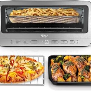 Flip toaster oven in stainless steel, the Ninja SP151 standing open on a kitchen counter