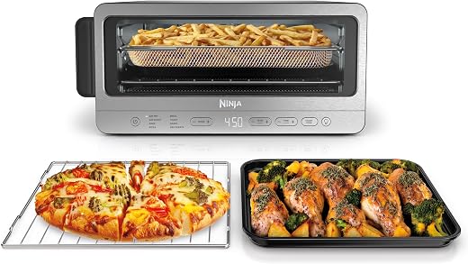 Flip toaster oven in stainless steel, the Ninja SP151 standing open on a kitchen counter