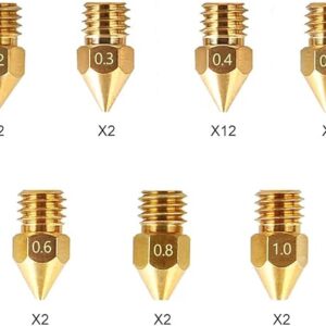 brass nozzle kit of twenty-four MK8 nozzles in seven sizes with the size engraved on each