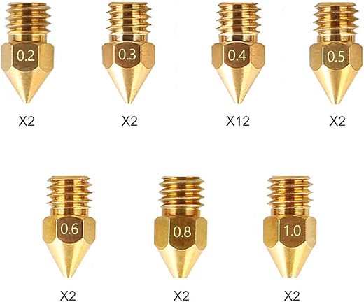3d printer nozzle kit showing seven orifice diameters from 0.2 mm to 1.0 mm