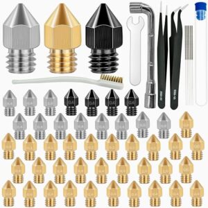 3d printer nozzle set containing brass, stainless steel and hardened steel MK8 nozzles with tools