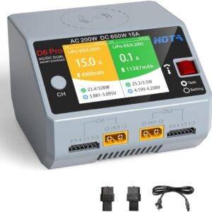 dual channel lipo charger on a workbench with a LiPo pack and balance lead connected