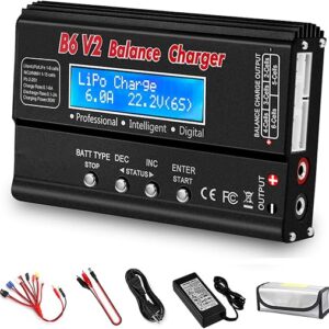 lipo balance charger on a workbench with a LiPo pack and balance lead connected