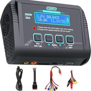 lipo charger discharger on a workbench with a LiPo pack and balance lead connected