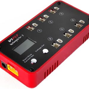 lipo storage charger on a workbench with a LiPo pack and balance lead connected