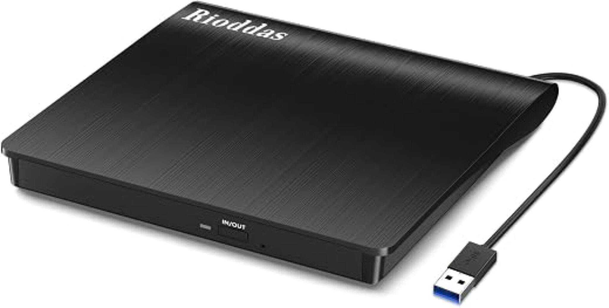 Rioddas external CD DVD drive USB 3.0 portable optical drive with embedded cable