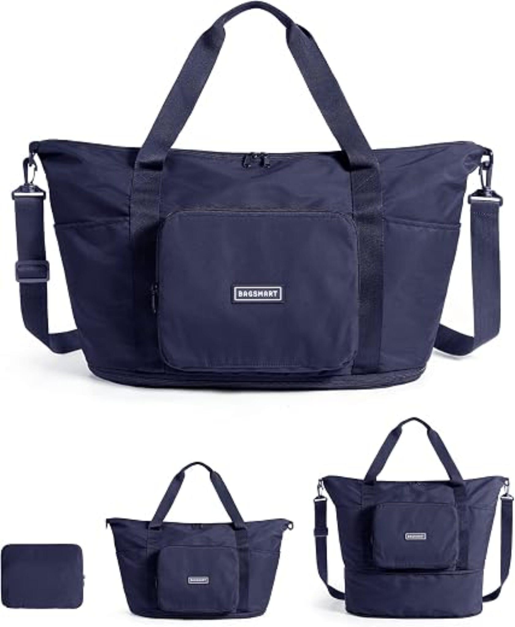 BAGSMART foldable travel bag expandable 37L duffel in navy blue with trolley sleeve