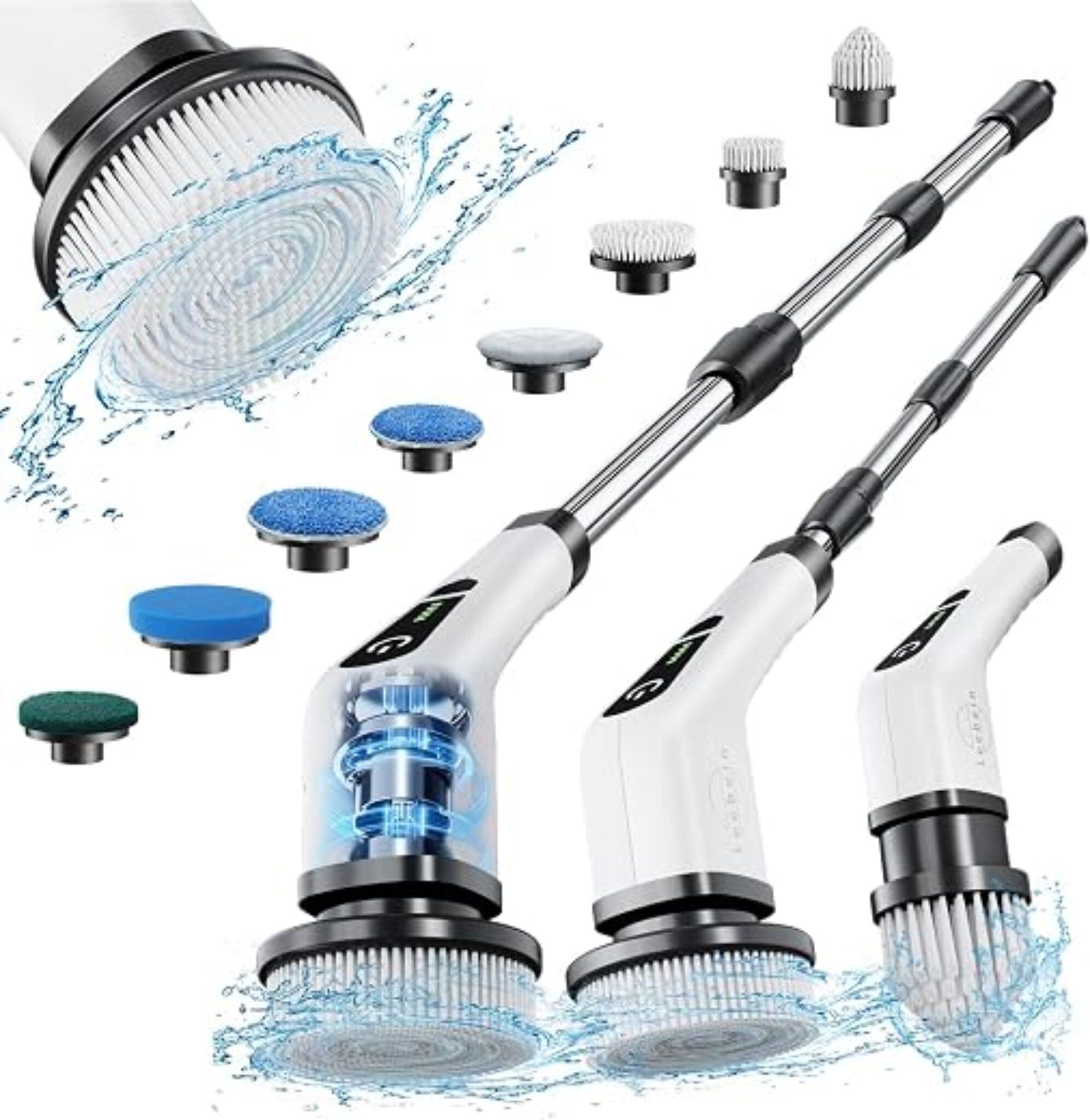 Leebein electric spin scrubber with eight replaceable brush heads and extension pole