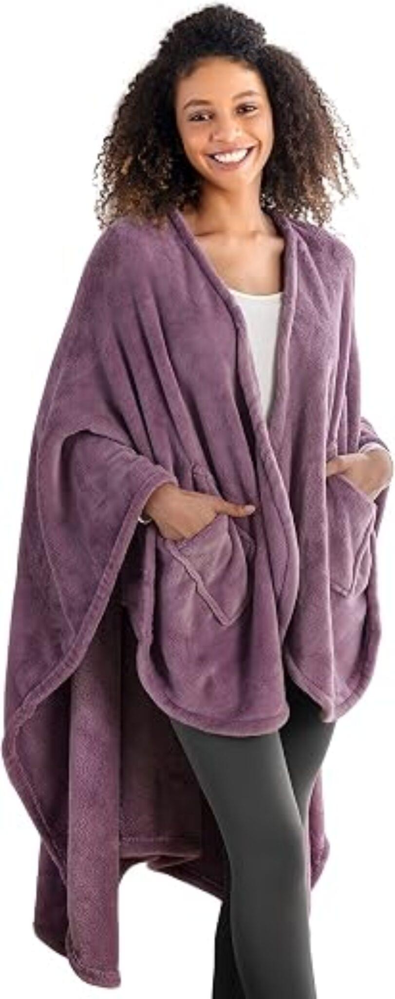 Berkshire Blanket wearable blanket plush cape wrap with pockets in plum