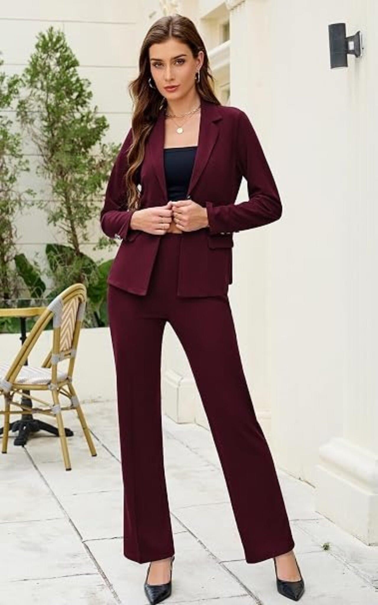Women's Burgundy Business Pant Suit — Best 2-Piece Blazer and Trouser Set for Work?